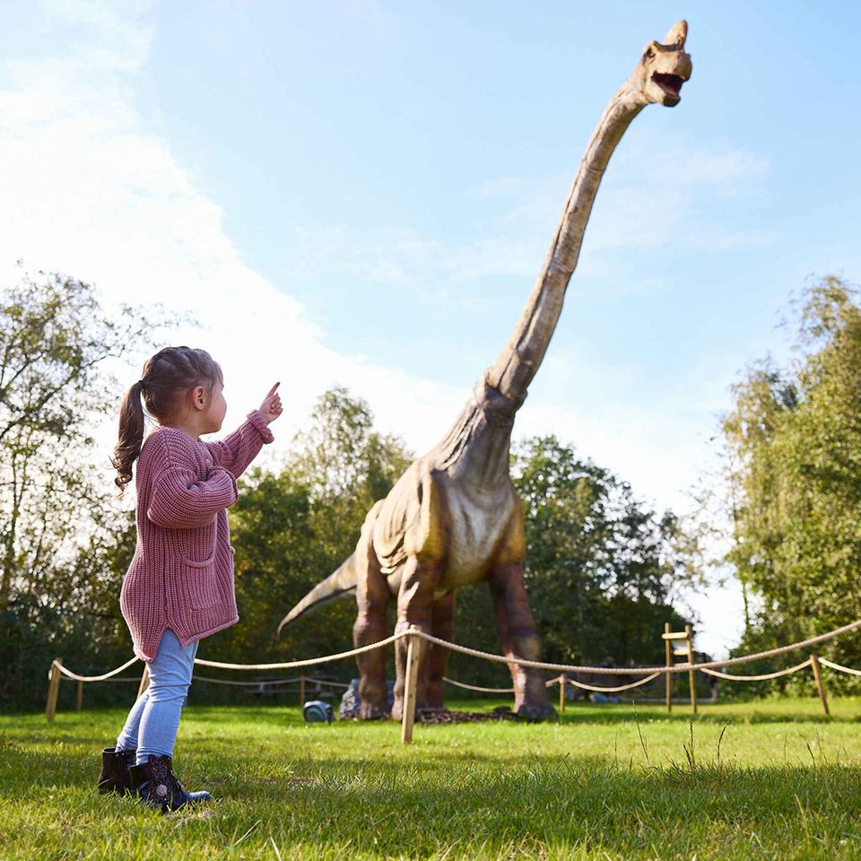 Klein meisje wijst naar metershoge dino