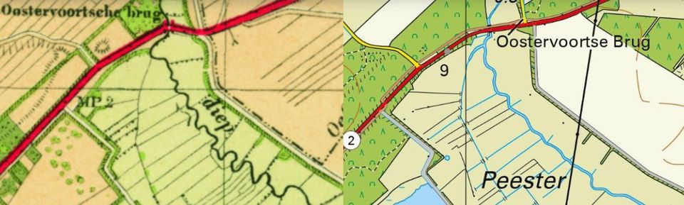 Deze foto's laten het verschillende verloop zien van de Broekenloop vóór en na de ingrepen ten behoeve van de landbouw. Om water vast te houden voor droge tijden wordt de beek weer hetsteld.