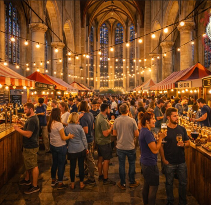 Het bier- en wijn festival in de hooglandse kerk met lichtjes en veel mensen