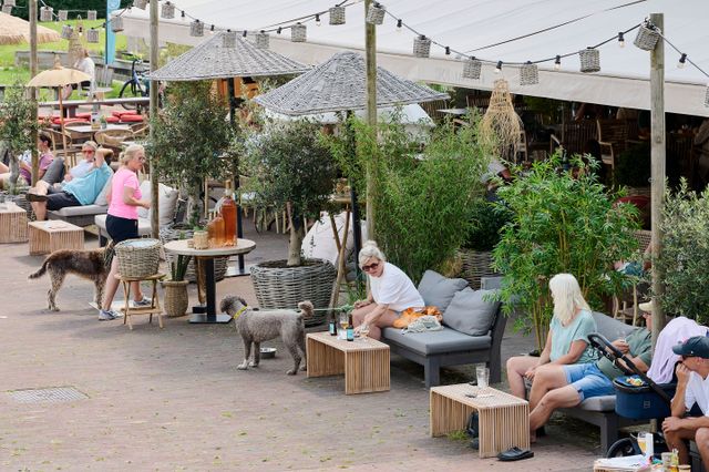 Een terras in Langweer met rieten parasols. Er zitten meerder mensen op aparte loungebanken. Twee vrouwen hebben een hond bij zich.