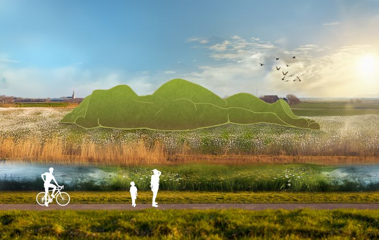 Illustratie van Dijk van een Wijf in het landschap bij Oosterbierum