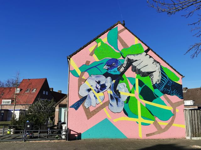 Kleurrijke muurschildering in de Leonardusbuurt in Helmond.
