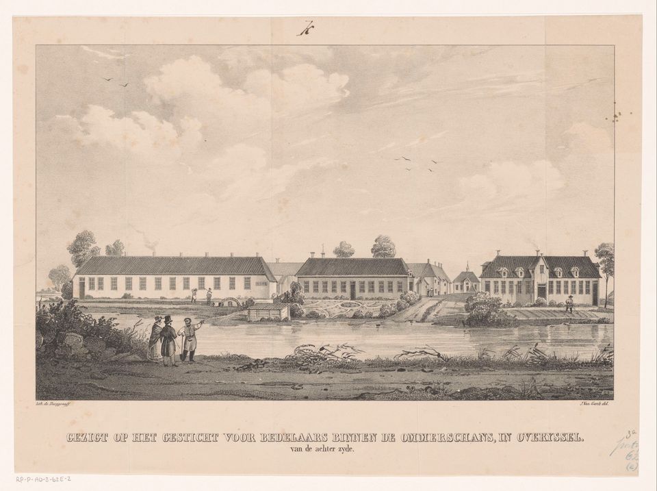 Tekening van de achterkant - Hoofdgebouw van de voormalige Kolonie Ommerschans