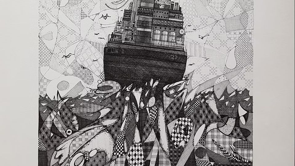 Tekening van een boot in zwarte en grijze tinten op golven van verschillende motieven.