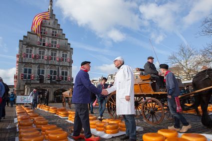 Handjeklap op de Goudse Kaasmarkt met het Oude Stadhuis op de achtergrond.