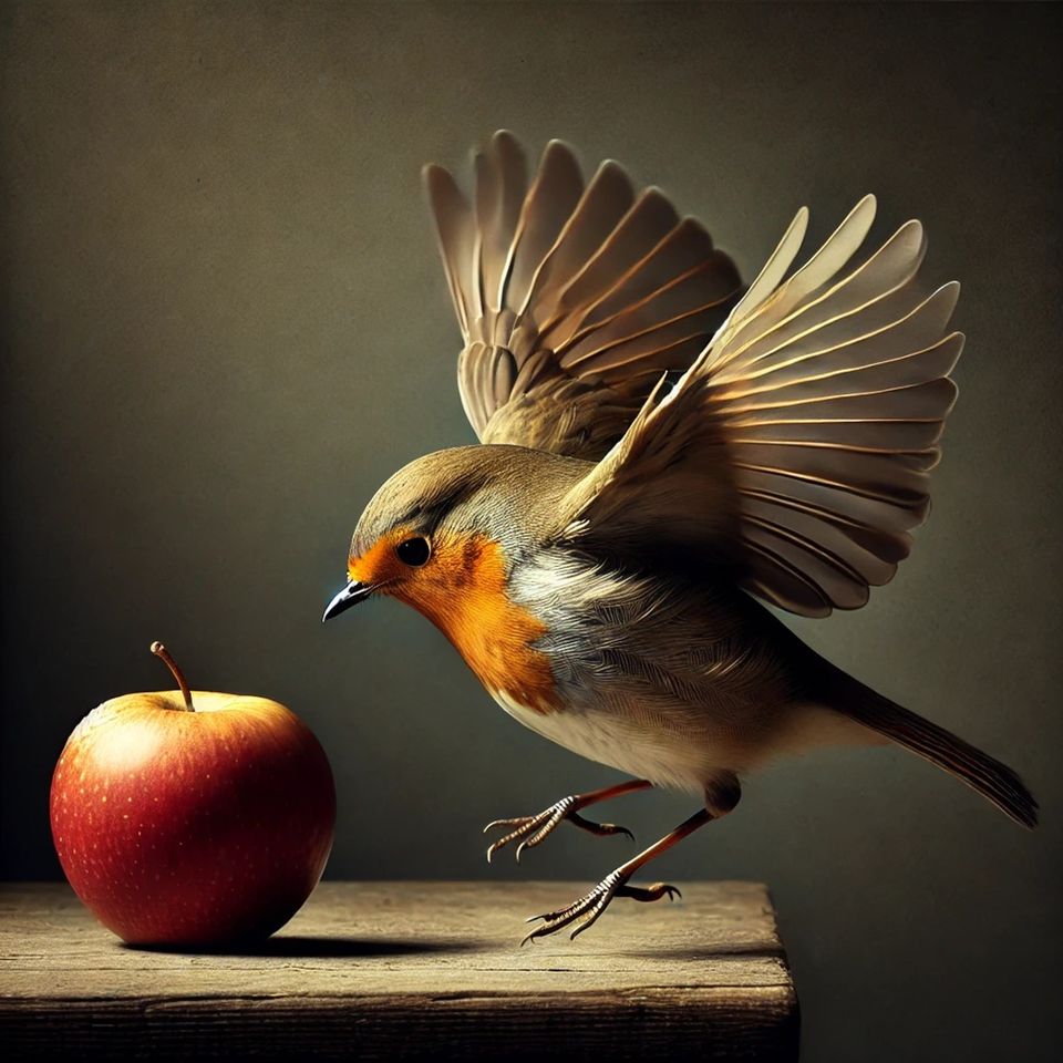Vogel vliegt boven appel