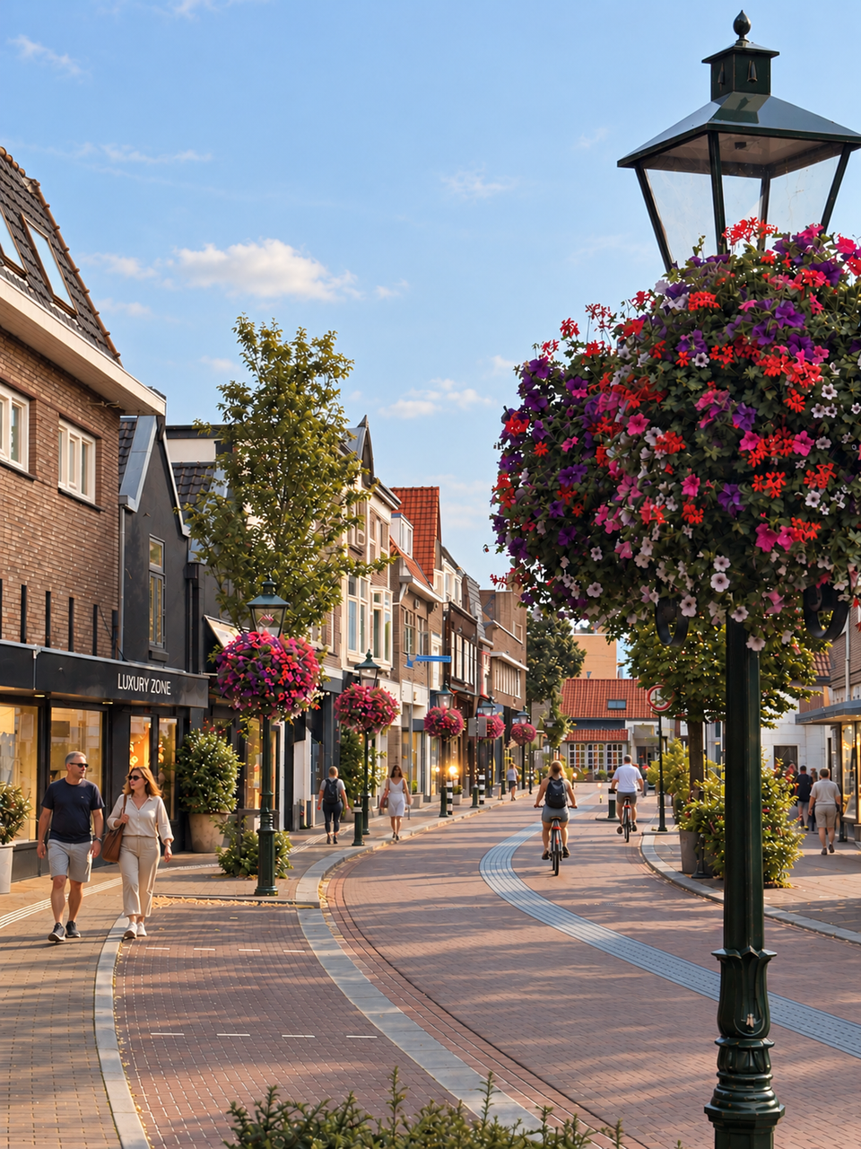 Spiegelstraat in Bussum met winkelbezoekers op een zonnige dag.