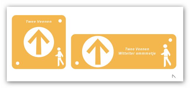 Route gemarkeerd met okergele routebordjes.