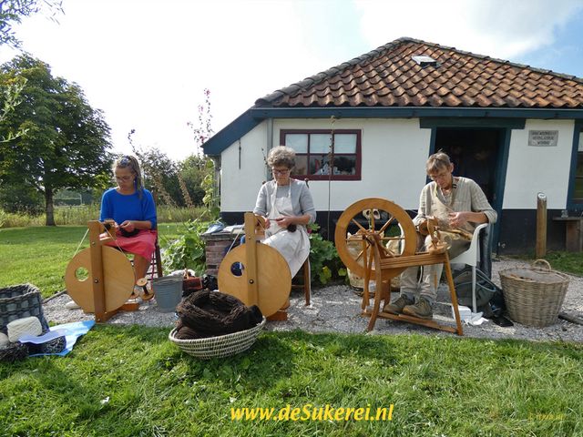 Spinsters laten het wol spinnen zien