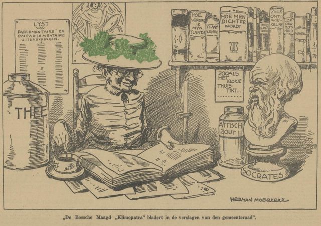 Spotprent waarop Wilhelmina afgebeeld wordt als Klimopatra