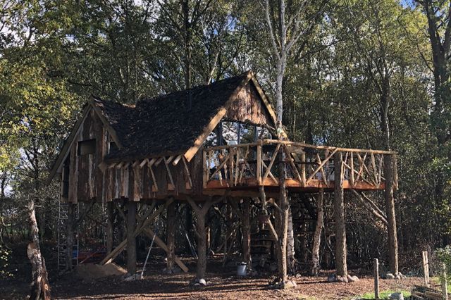 De buitenkamp van een xxl boomhut die onder de groene bomen staat.