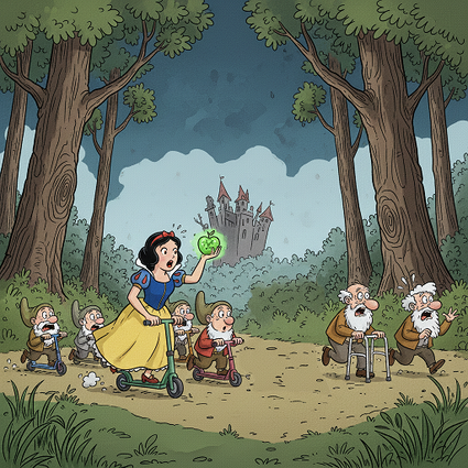 Cartoonillustratie van een sprookjesachtige scène: een jonge vrouw met blauwe jurk en gele rok rijdt op een step door het bos, gevolgd door zeven oudere mannen op steps en rollators. Op de achtergrond staat een kasteel onder donkere wolken.