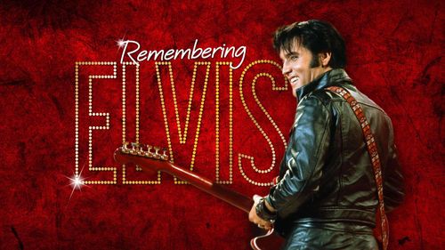 Een poster van Elvis op een rode achtergrond