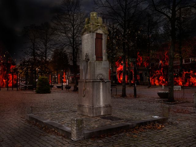 Een monument met vuur langs De Gloeiige fietsroute