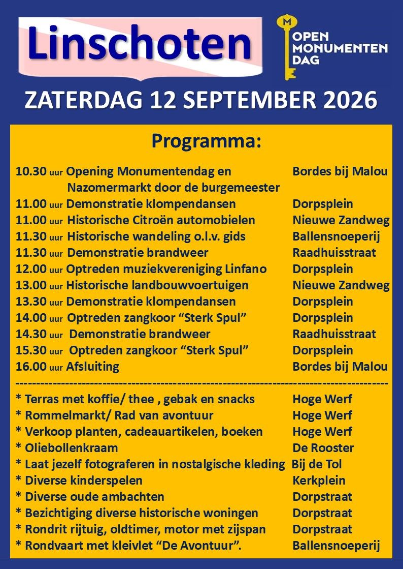 Poster van Open Monumentendag Linschoten in gemeente Montfoort, Groene Hart. Programma voor zaterdag 12 september 2026 met tijden, locaties en activiteiten zoals historische wandelingen, oude ambachten, muziekoptredens, en bezichtiging van monumenten.