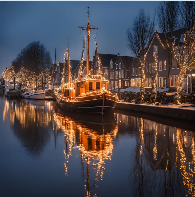 Wintervaren boot met lichtjes