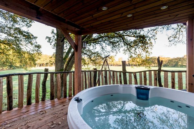 Jacuzzi op het balkon van boomhut Westerbergen