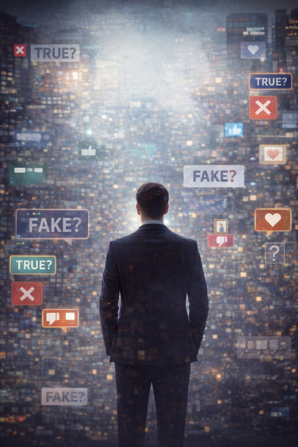 Een man staat met zijn rug naar ons toe, op de achtergrond zie je schermen en de teksten 'True' en 'Fake'.