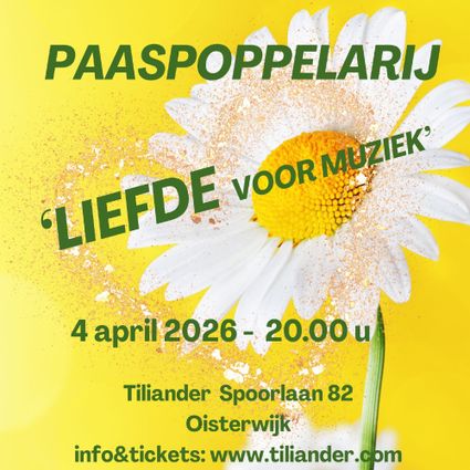 Affiche in gele achtergrondkleur met een grote margriet en met groene letters de info van het evenement.