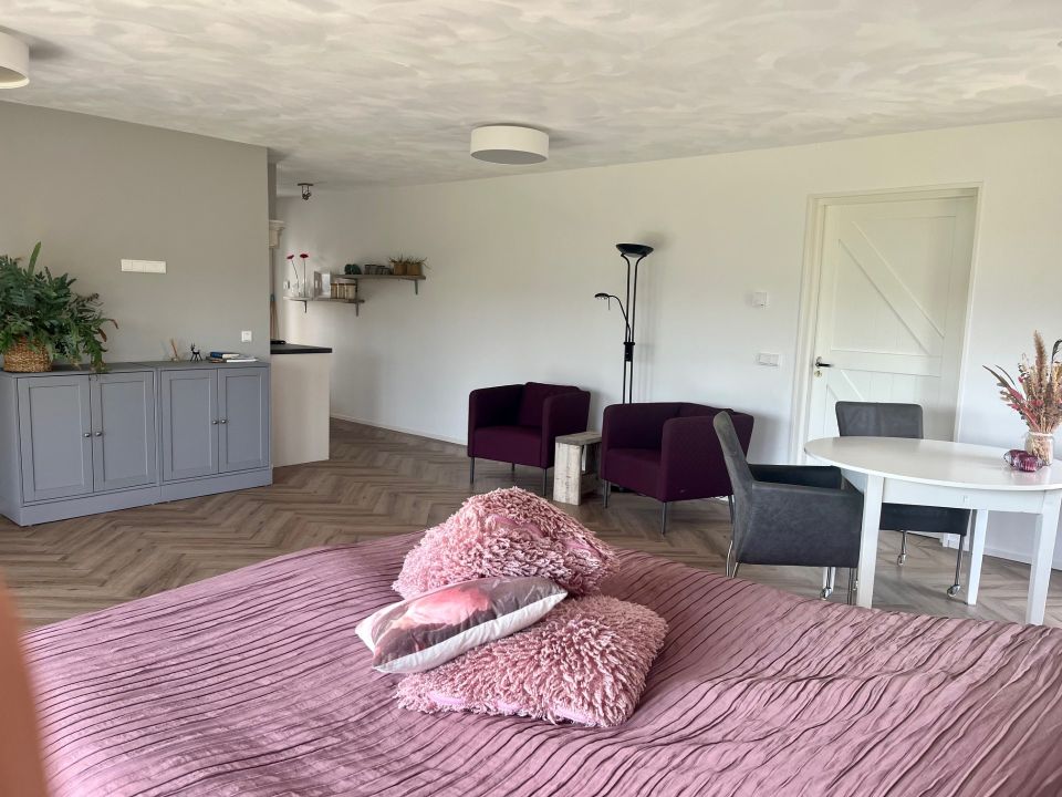 De woonkamer en het bed in Huisje 'Zee van Tijd'