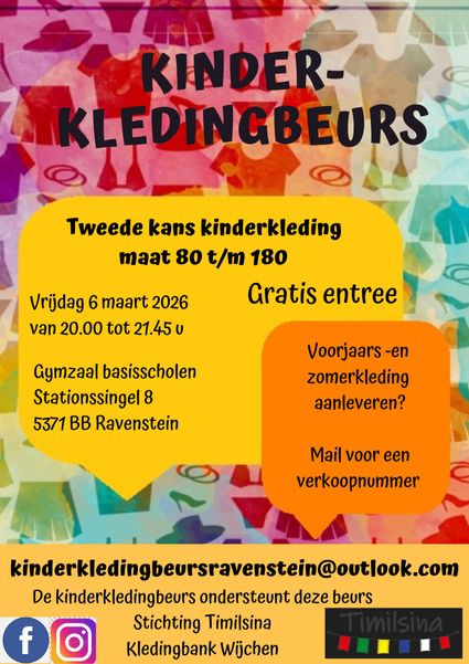 Kleurrijke poster voor een kinderkledingbeurs. Tekst: ‘Kinder-kledingbeurs’, tweede kans kinderkleding maat 80 t/m 180. Vrijdag 6 maart 2026, 20.00–21.45 uur, Ravenstein. Gratis entree.