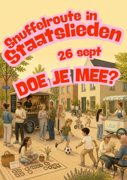 Illustratie van de Snuffelroute in de wijk Staatslieden in Woerden met bewoners, kinderen, een koffiekraam en een ijskar. Promotie voor de Snuffelroute op 26 september.