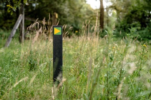 Een paal met groen-gele bewegwijzering.