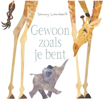 Tekening van Jonny Lambert van een kleine grijze olifant en een grote licht bruine giraf waarvan alleen de lange nek met kop, de poten en de staart te zien is. De olifant en giraf kijken naar elkaar.