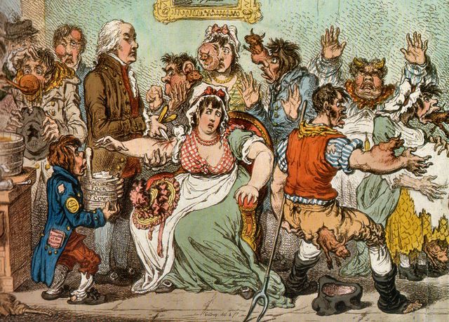 Veel aversie en wantrouwen tegen het pokkenvaccin volgens deze spotprent van James Gillray uit de 19e eeuw