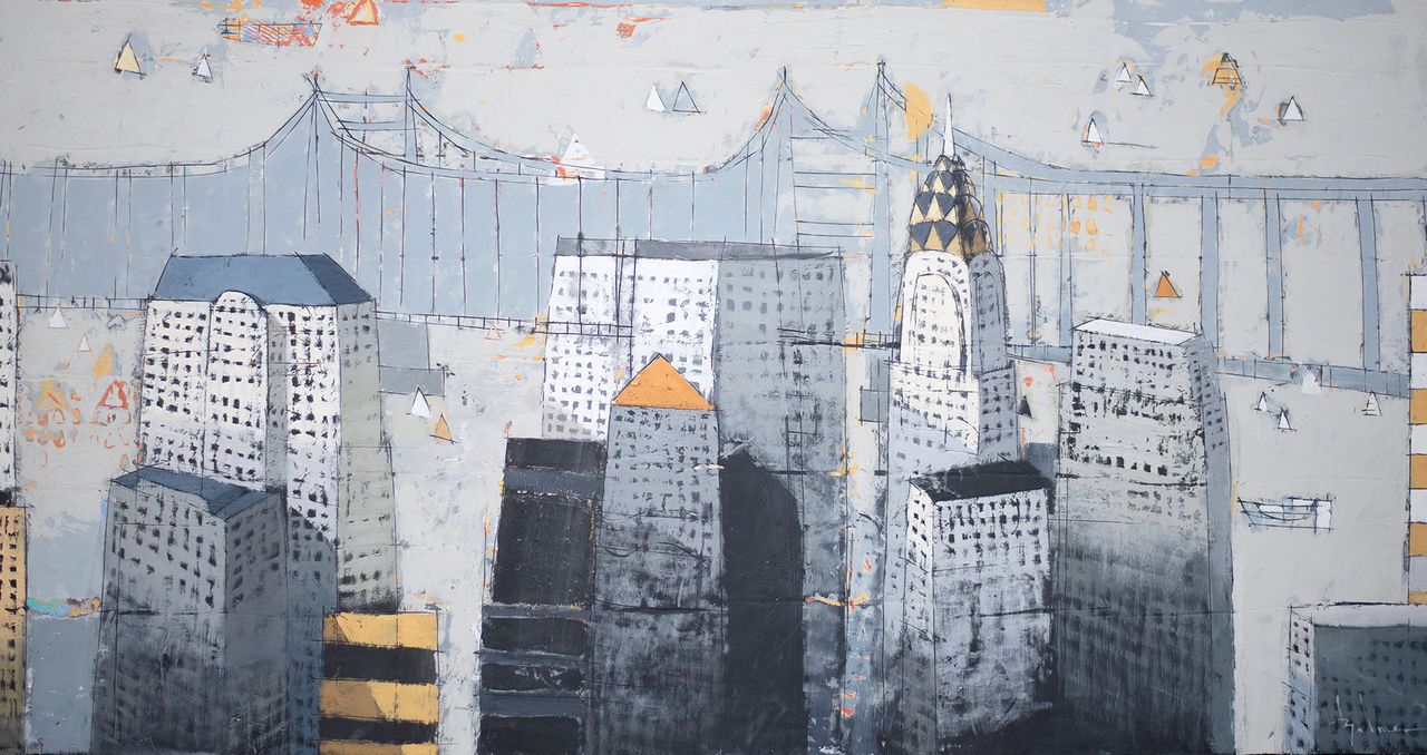 Stadgezicht met hoge gebouwen en op de achtergrond een hangbrug in grijsblauwe tinten met accenten van zwart en geel.