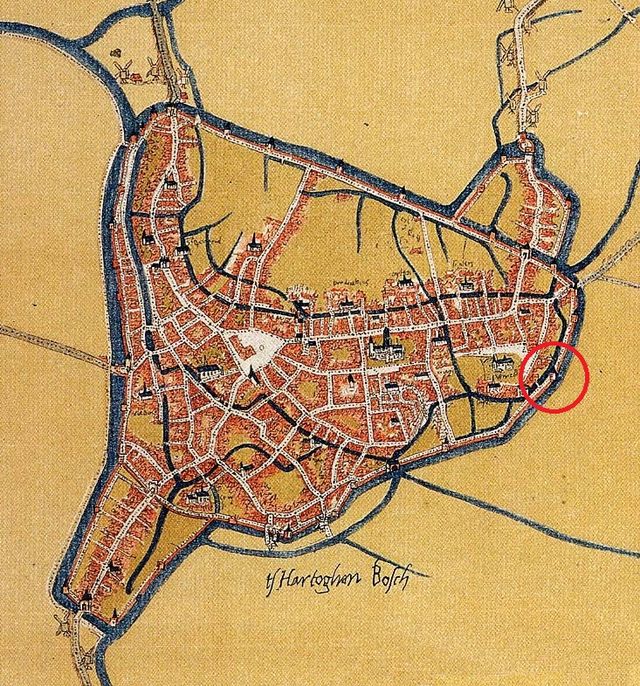 De plek en weergave van de Beckerstoren op de plattegrond van Jacob van Deventer (1545)
