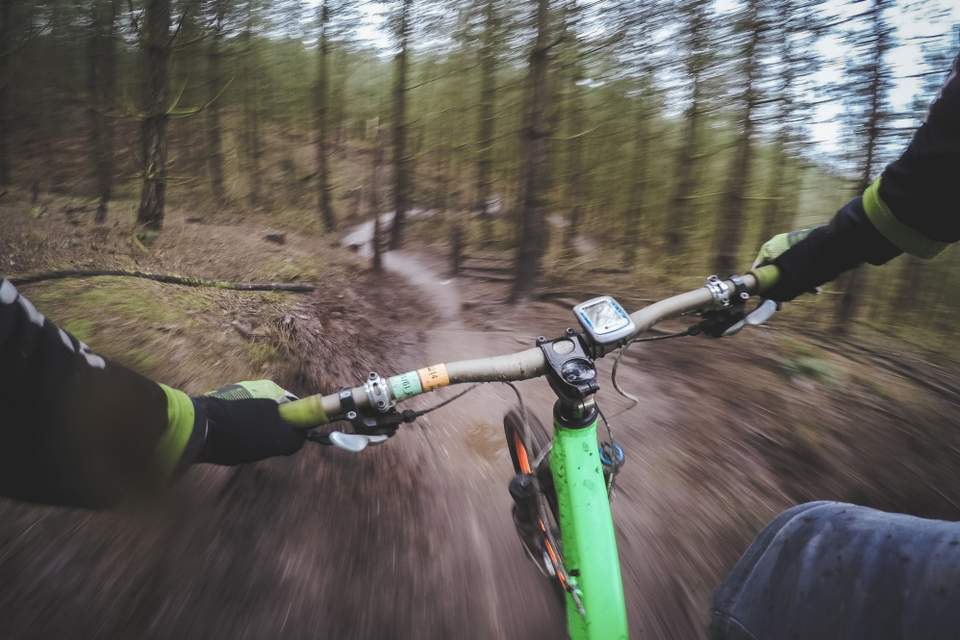 Een mountainbiker crosst door de Drentse bossen.