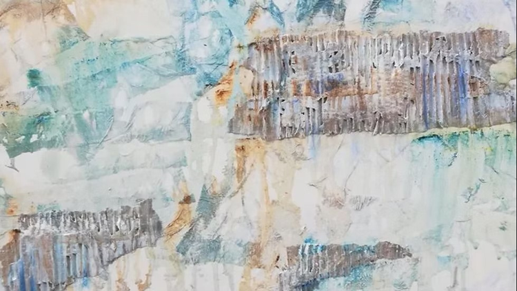 Schilderij in pasteltinten, paars, groen en geel in vrije verbeelding.