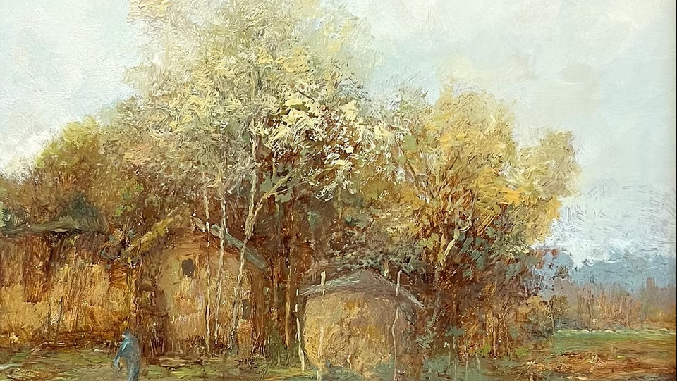 Schilderij van kleine lemen huisjes in boomrijk gebied in de stijl van de oude meesters.