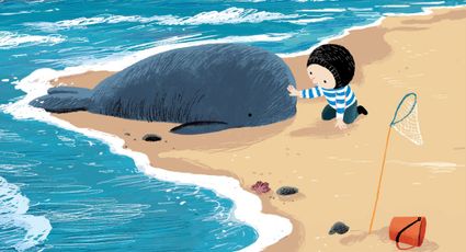 Illustratie van een kind met een kleine walvis op het strand