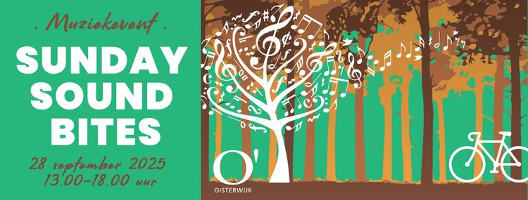 Affiche in groen bruine kleuren met aankondiging van Sunday Sound Bites met afbeeldingen van boom met muzieknoten