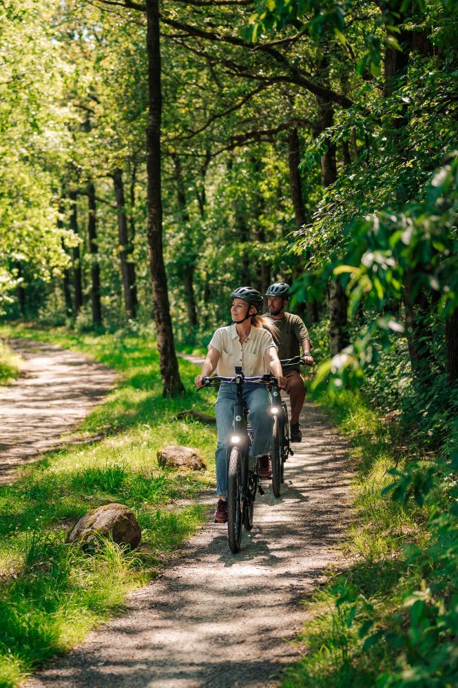 Ein Paar fährt mit dem Fahrrad durch Drenthe.