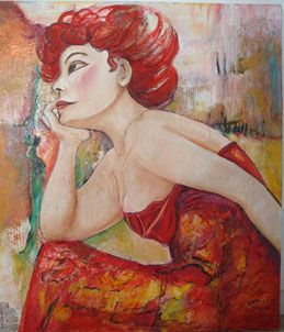 kunst van vrouw met rode kleding en rood haar