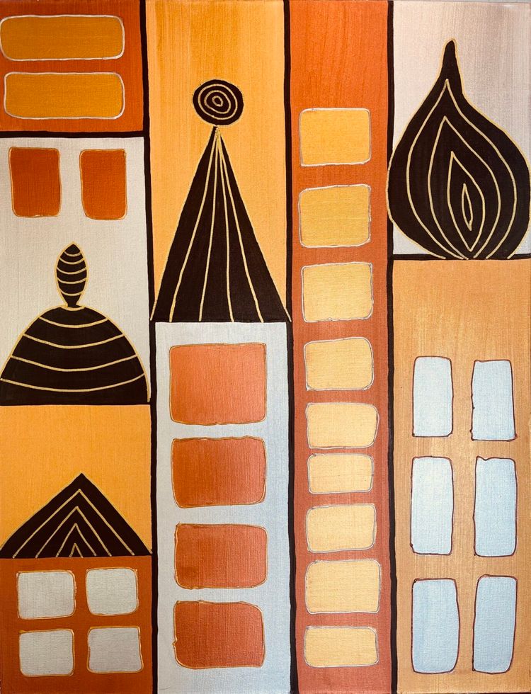 Schilderij in de kleuren zwart, okergeel, oranje en beige onderverdeeld in banen. In de banen staan rechthoeken, vierkanten, en een vuurvorm getekend.