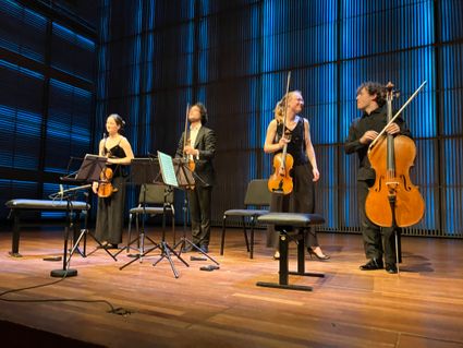 Het Animato Kwartet na hun optreden in Muziekgebouw aan 't IJ in Amsterdam