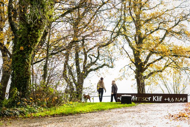 Twee wandelaars met een hond bij het Mirnser Klif in Mirns.