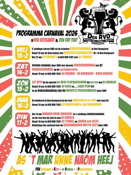 Affiche met per dag programma Carnaval Pierewaaiersgat (Moergestel)