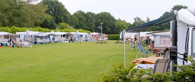 Een groen veld met rondom een groene rand van struiken en bomen en in het midden diverse caravans.