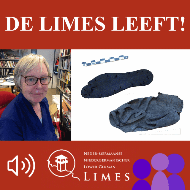 Banner van de podcast, met een portret van Carol van Driel Murray, een leren schoen en de tekst De Limes Leeft.