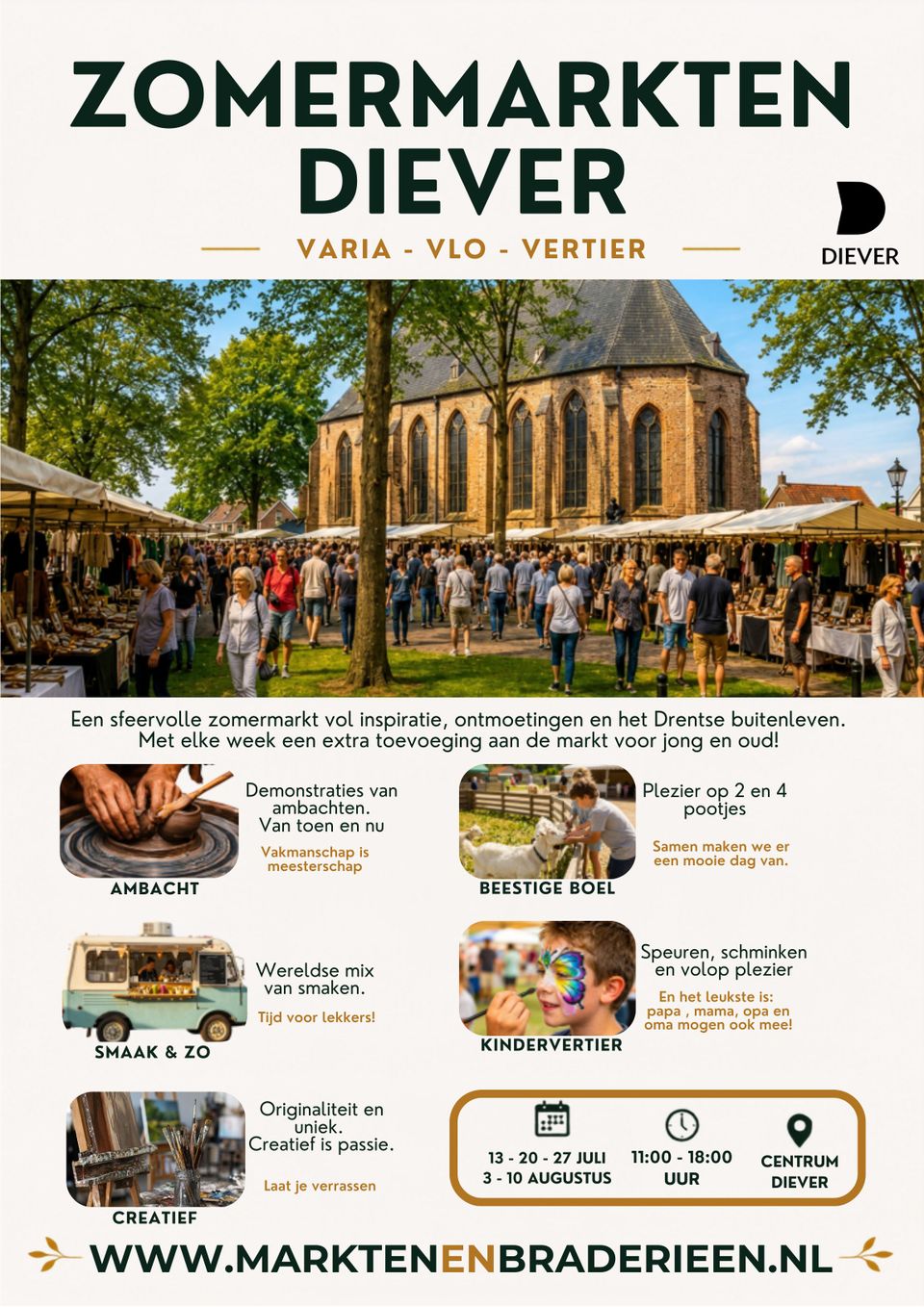 Flyer zomermarkt Diever met wekelijks een thema voor jong en oud.
