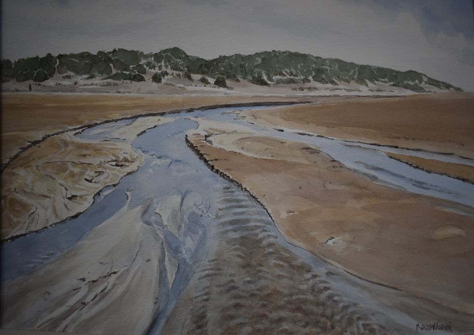 Een geul (aquarel) met op de achtergrond duinen