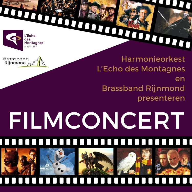 Affiche met daarop de deelnemers aan het filmconcert met onder en boven een filmrand met daarin foto's van diverse films zoals Harry Potter en Zorro.