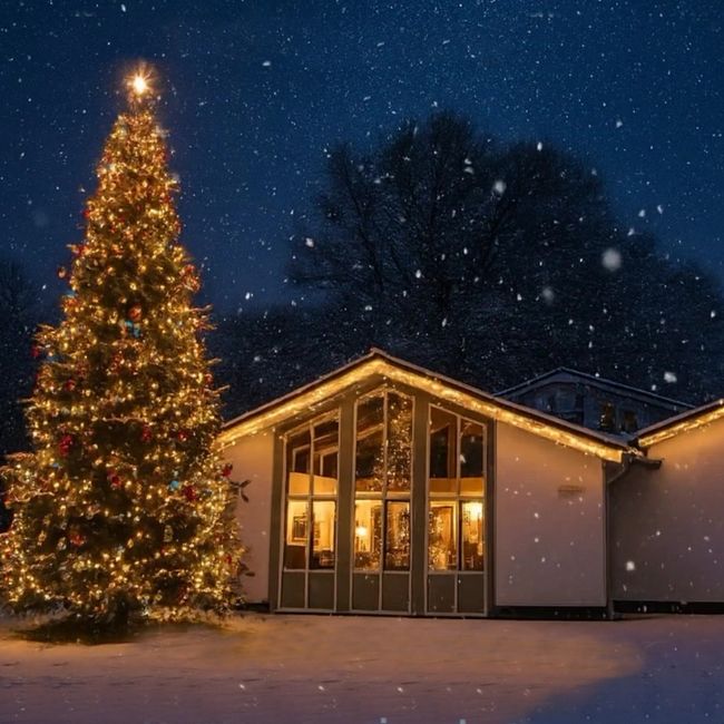Dorpshuis Horsterhoek met sneeuw en lichtjes
