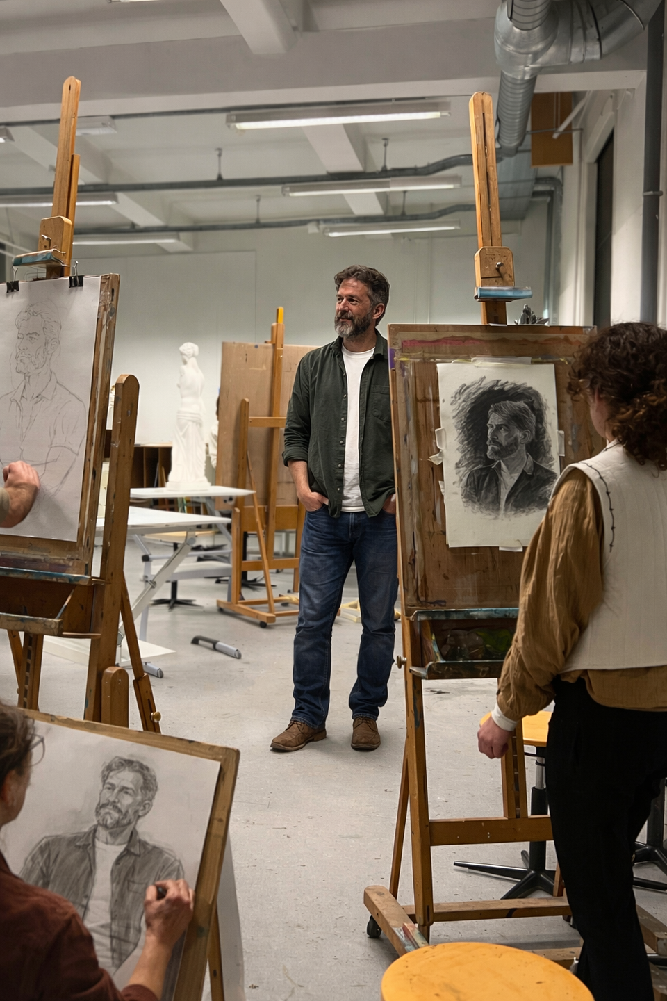 Een man staat model, om hem heen zijn personen hem aan het natekenen.