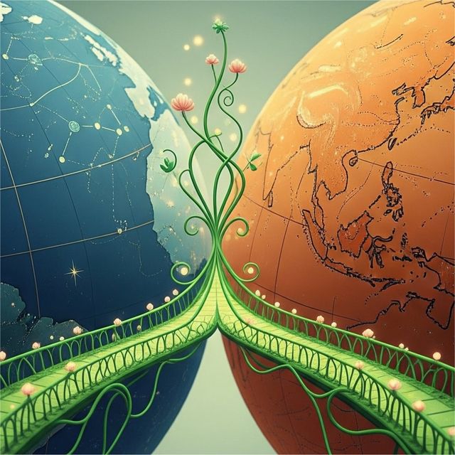 Illustratie van twee werelden, blauw en oranje, die met elkaar verbonden worden door een sierlijke groene brug van planten en bloemen – verbeelding van het thema ‘Waar werelden elkaar raken’ voor de RijnKUNSTprijs.